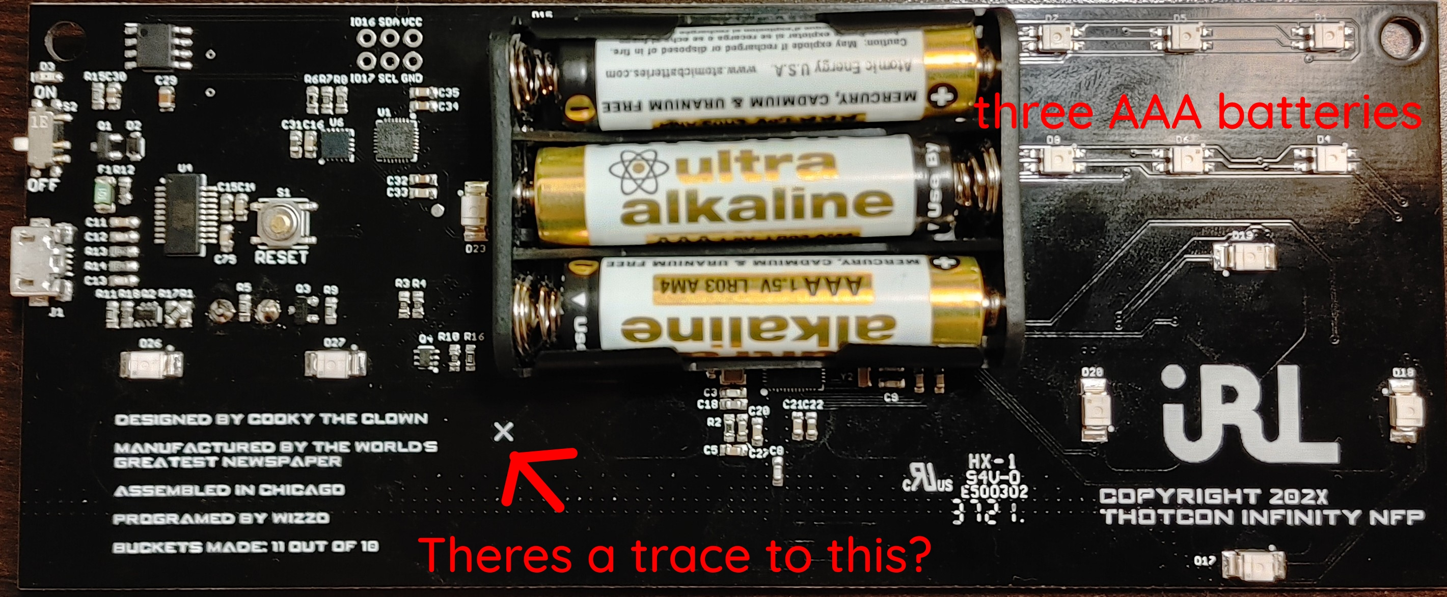 An annotated view of the back side of the badge. It has all of the components, including power from three triple-a batteries, as well as some humorous attributions such as "Manufactured by the worlds greatest newspaper" The highlighted locations include a resistor that has been bridged on top of two other surface mount resistors, and an X symbol that seems to have a trace under it that leads to nowhere.