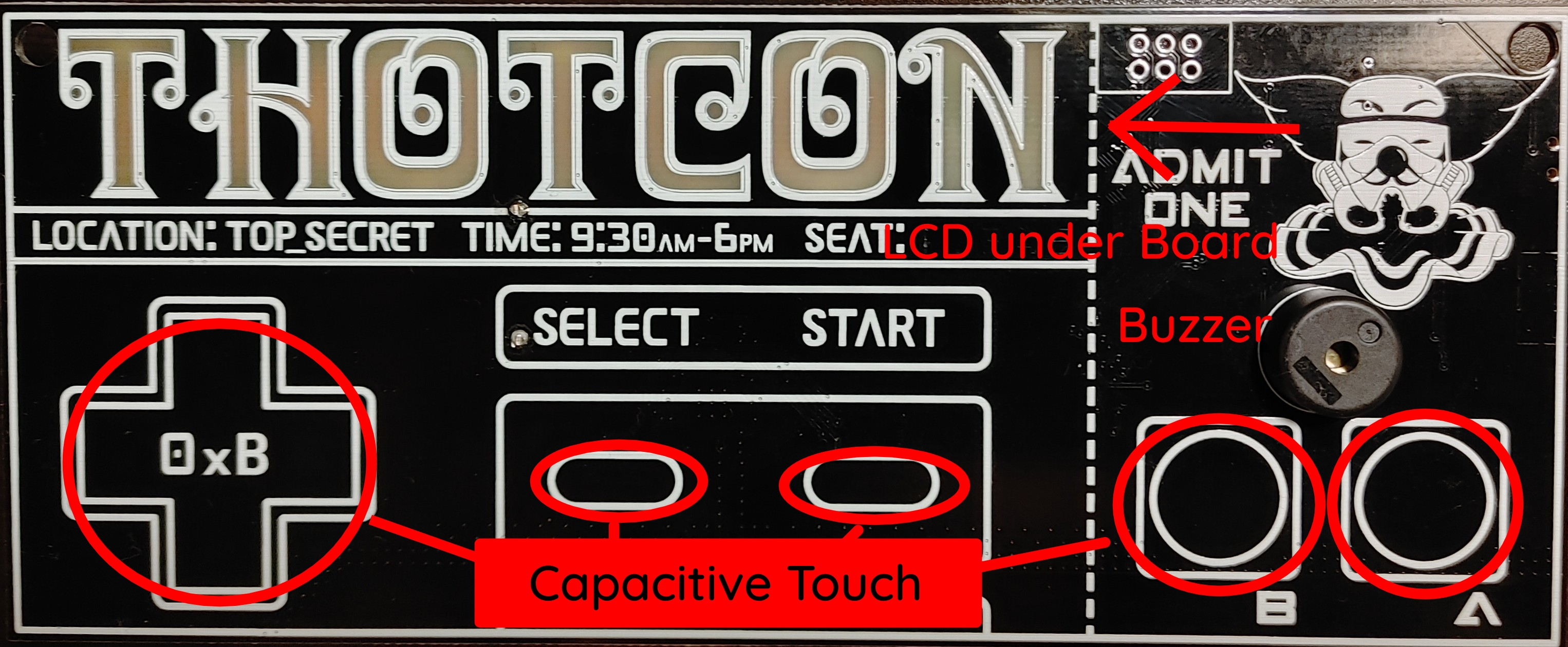 An annotated view of the front side of the badge, the breakout pin header and the location of capacitive buttons are highlighted. the design is made to look like a cross between a circus ticket and a NES controller, with a light up "THOTCON" in big capital text. There is also a buzzer speaker right above the A and B buttons
